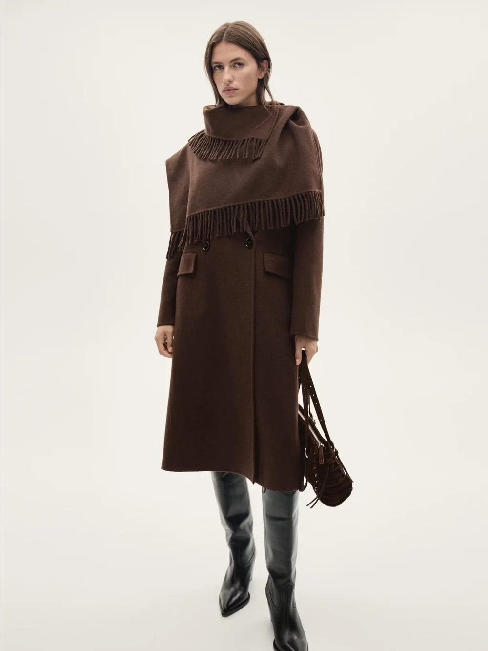 Mango WOOL COAT WITH FRINGED SCARF - Picture 10 of 11